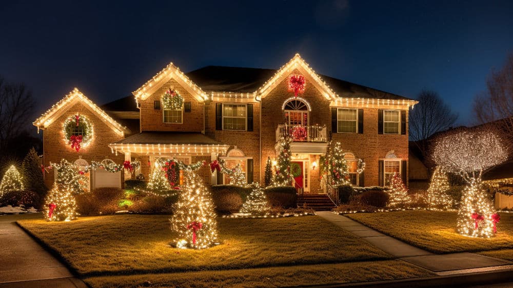 Beautifully decorated home with Christmas lights, wreaths, and festive trees at night.
